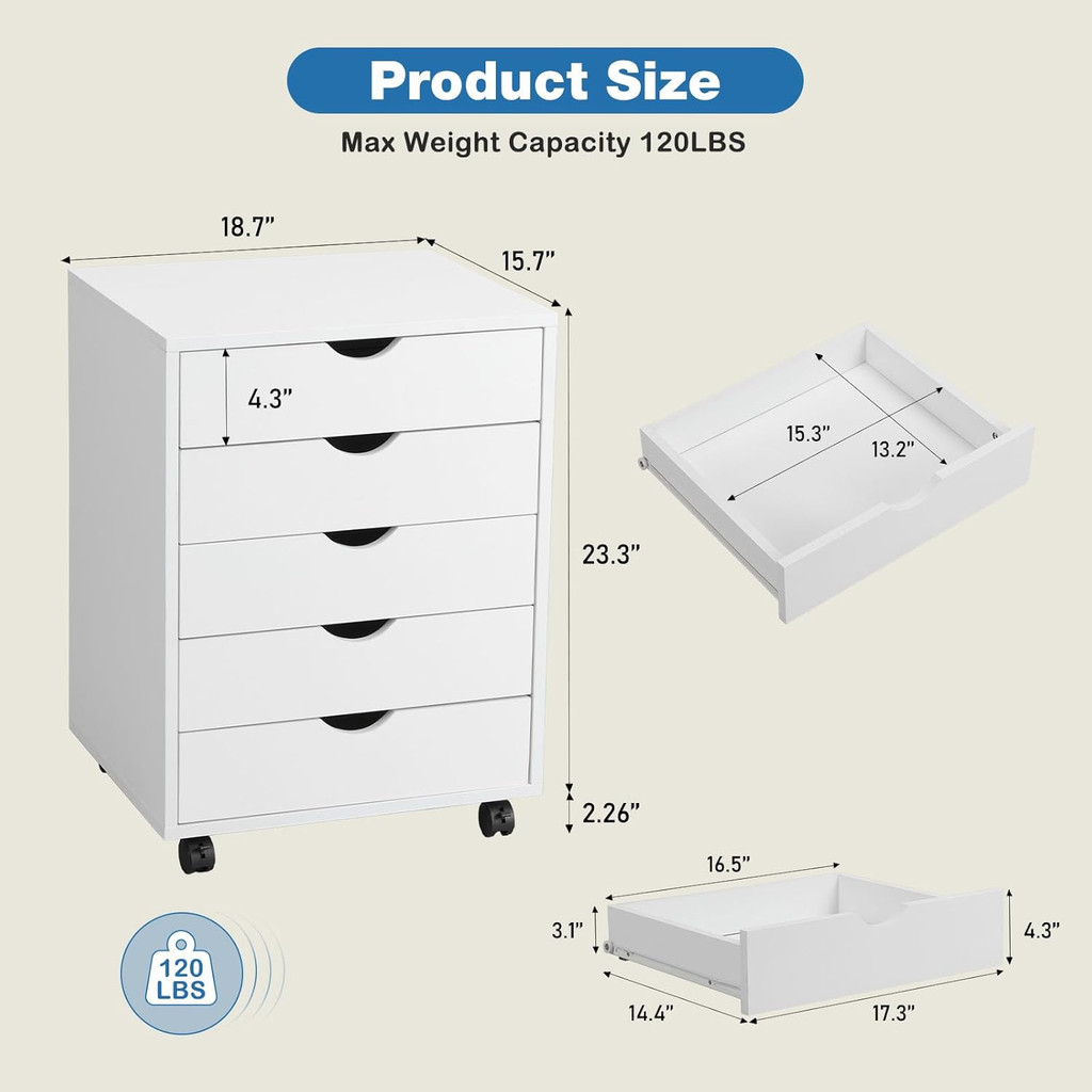 Product size diagram with dimensions for chest and drawers